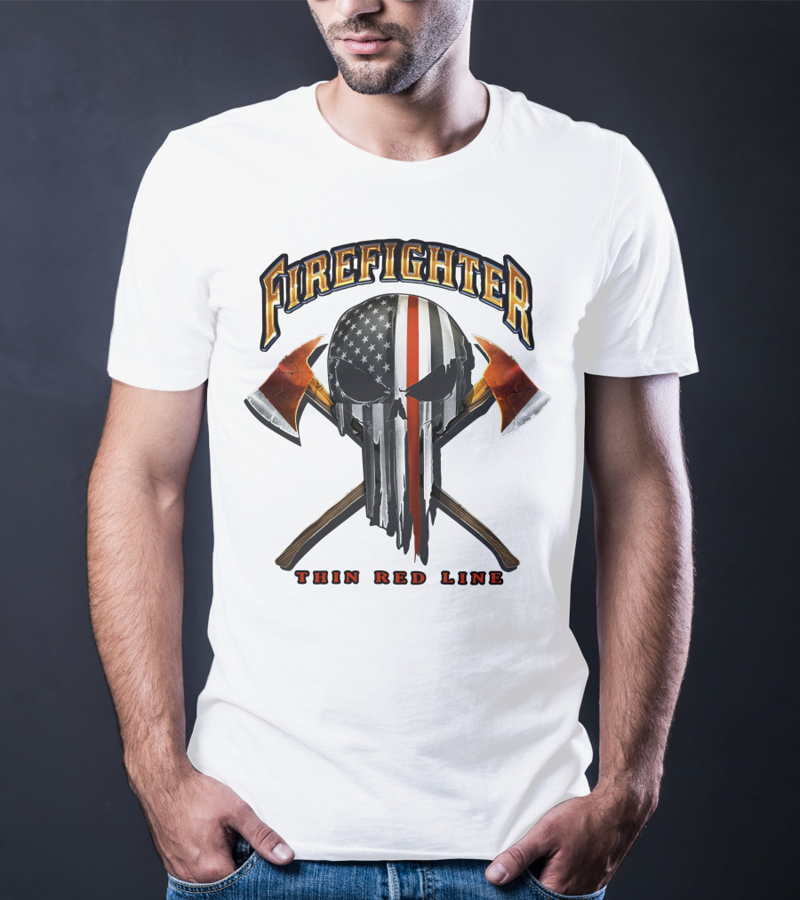 Firefighter Thin Red Line Punisher Skull American Flag Crossed Axes T-Shirt
