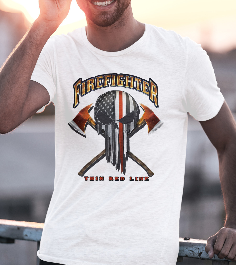 Firefighter Thin Red Line Punisher Skull American Flag Crossed Axes T-Shirt