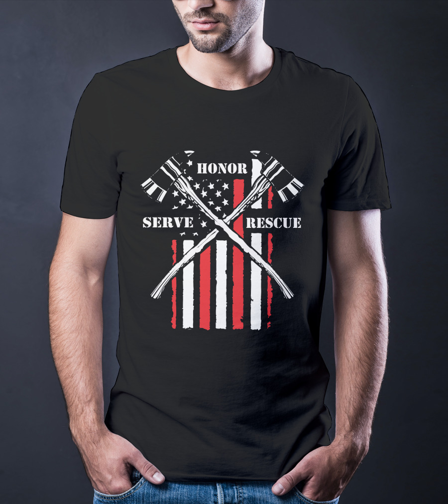 HONOR SERVE RESCUE FIREFIGHTER AXES AND RED STRIPES BACKGROUND T-Shirt