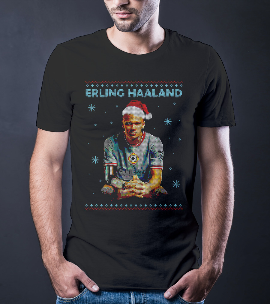 ERLING HAALAND Christmas Pixel Art With Santa Hat T-Shirt