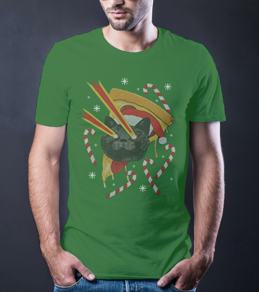 Drax Christmas Jumpers Cat Laser Eyes Christmas Pizza Candy Canes T-Shirt