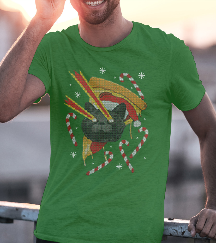 Drax Christmas Jumpers Cat Laser Eyes Christmas Pizza Candy Canes T-Shirt