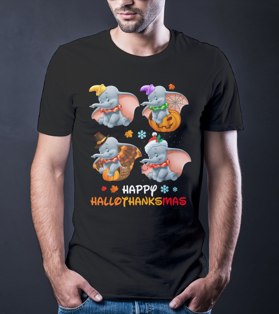 Happy Hallothanksmas With Dumbo In Halloween Thanksgiving Christmas Themes T-Shirt