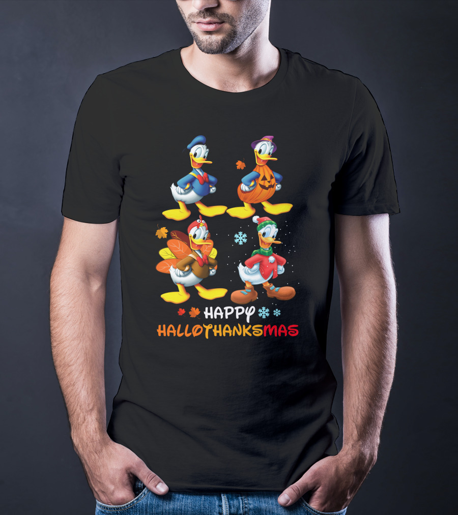 Happy Hallothanksmas Donald Duck Characters Halloween Thanksgiving Christmas T-Shirt
