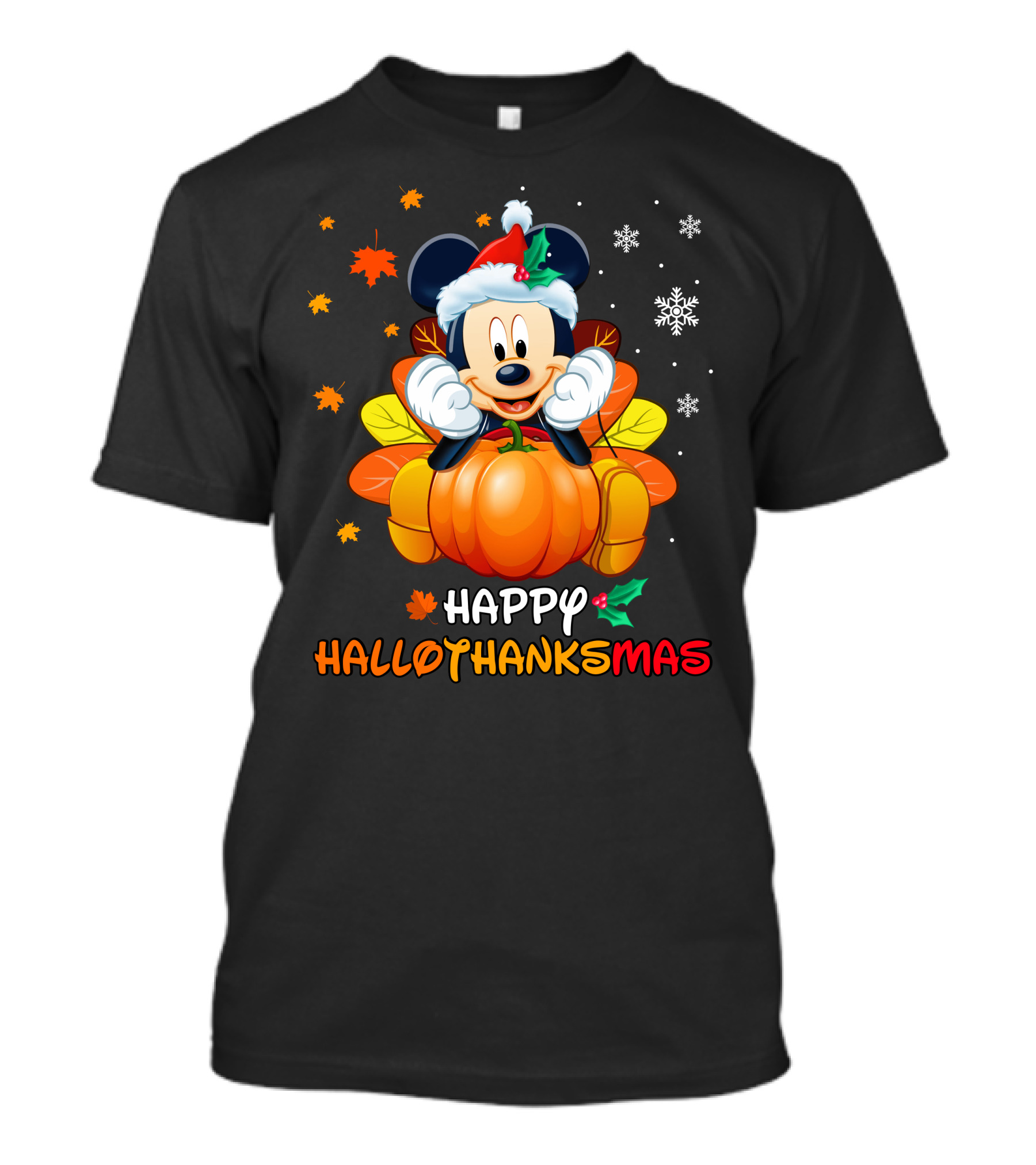 Happy Hallothanksmas Mickey Pumpkin Festive Leaves Snowflakes T-Shirt