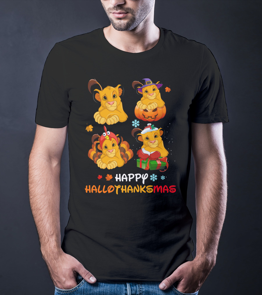 Happy Hallothanksmas Simba Lion Pumpkin Turkey Santa Hat Snowflakes T-Shirt