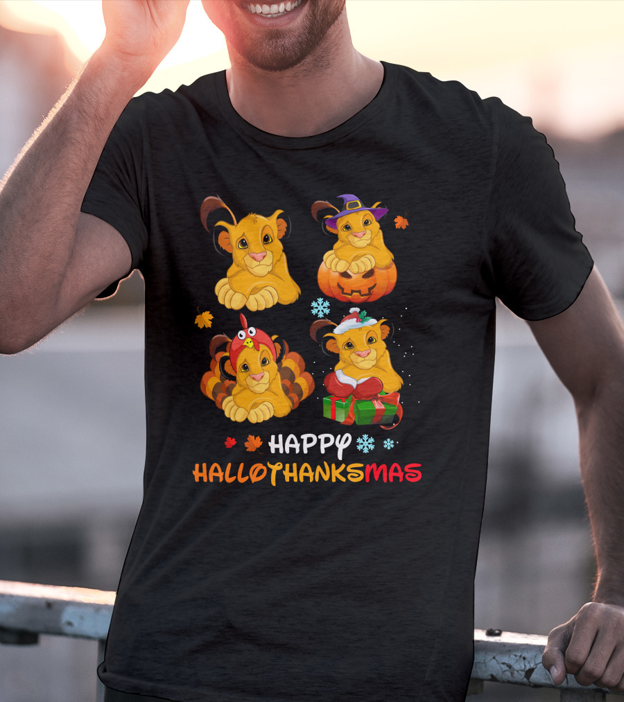 Happy Hallothanksmas Simba Lion Pumpkin Turkey Santa Hat Snowflakes T-Shirt