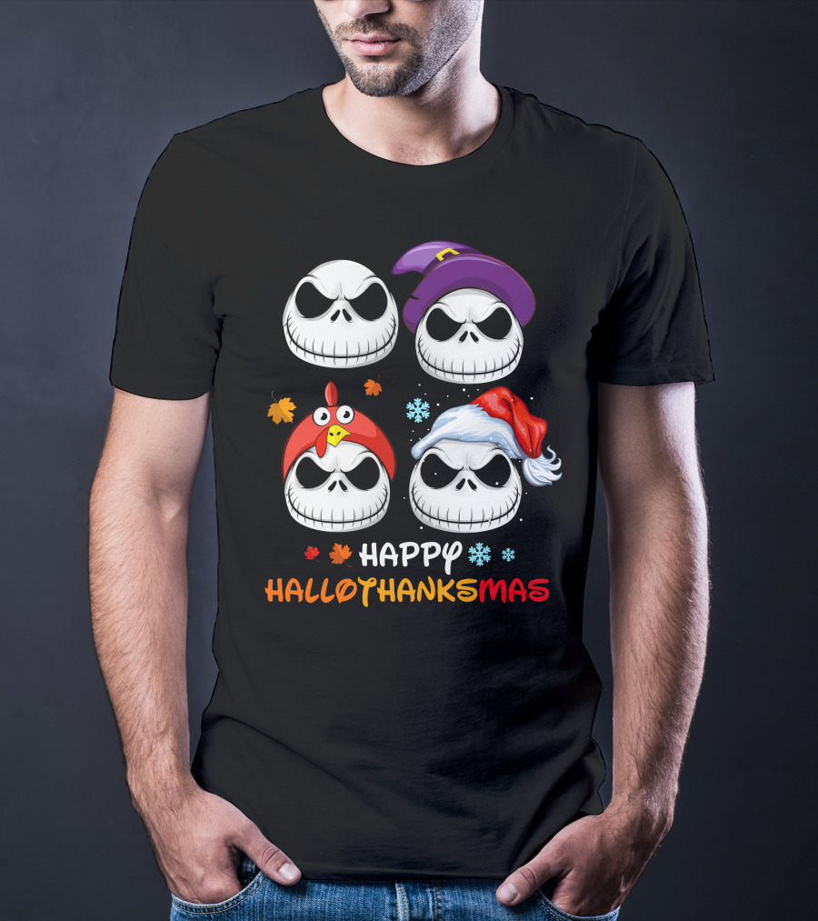 Happy HALLOTHANKSMAS Jack Skellington Faces With Witch Hat Turkey Hat Santa Hat Leaves Snowflakes T-Shirt