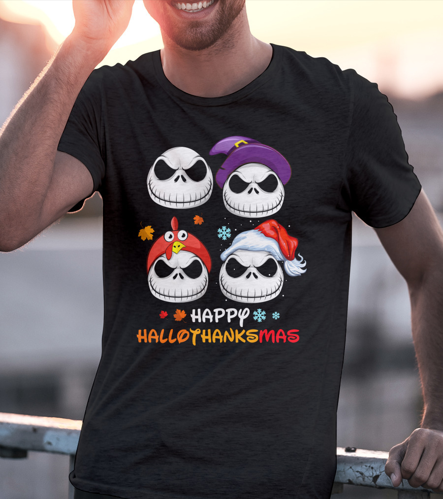 Happy HALLOTHANKSMAS Jack Skellington Faces With Witch Hat Turkey Hat Santa Hat Leaves Snowflakes T-Shirt