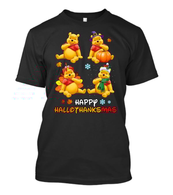 Happy HALLOTHANKSMAS Pooh Bear Autumn Winter Holiday Theme Snowflakes Pumpkins Leaves T-Shirt