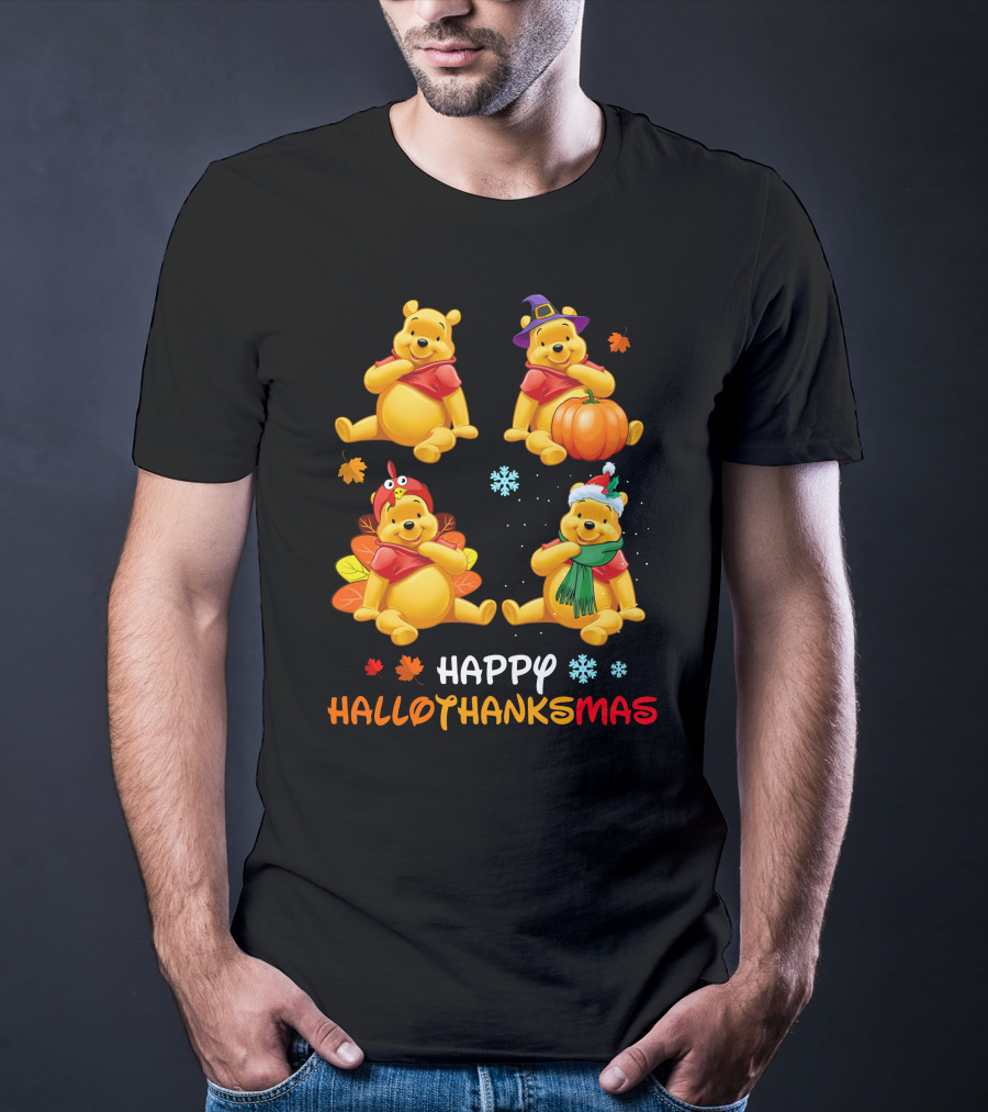 Happy HALLOTHANKSMAS Pooh Bear Autumn Winter Holiday Theme Snowflakes Pumpkins Leaves T-Shirt