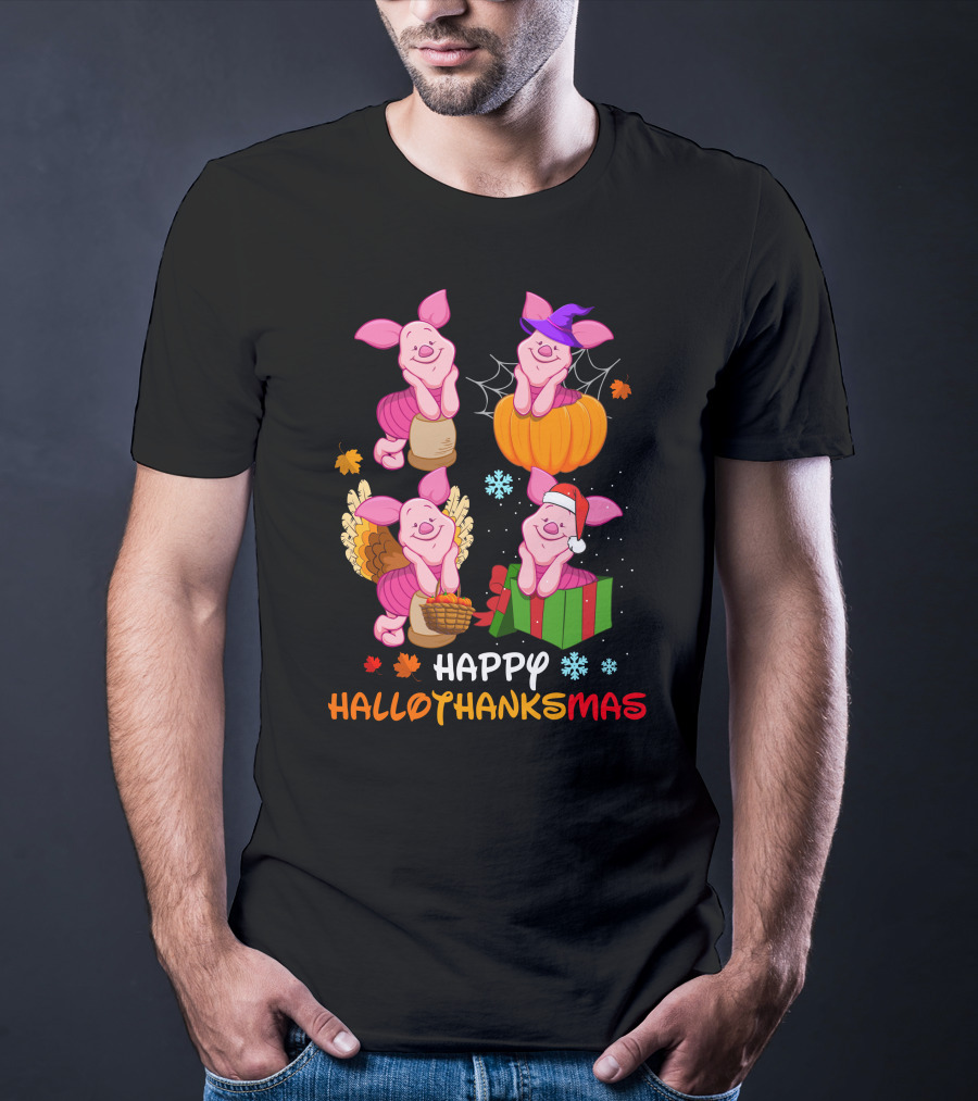 Happy HALLOTHANKSMAS Piglet In Pumpkin Turkey And Gift Box T-Shirt