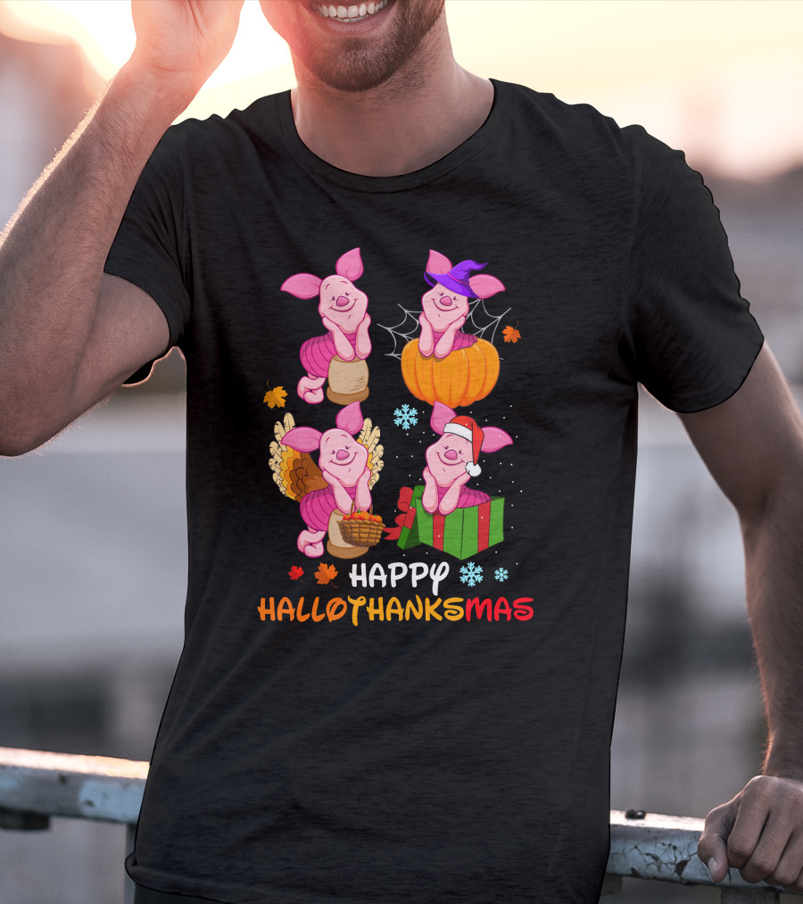 Happy HALLOTHANKSMAS Piglet In Pumpkin Turkey And Gift Box T-Shirt