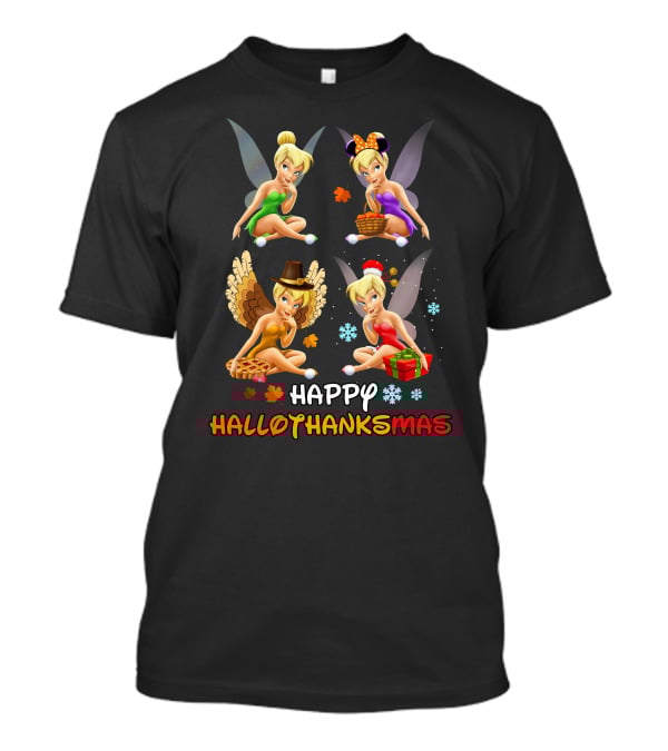 HAPPY HALLOTHANKSMAS Tinkerbell Seasonal Celebration With Autumn Leaves Turkey And Christmas Gifts T-Shirt