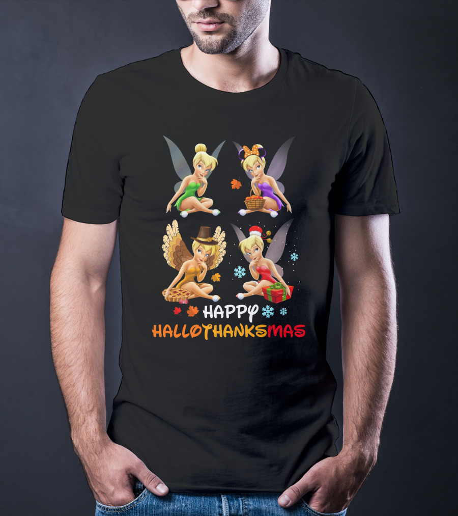 HAPPY HALLOTHANKSMAS Tinkerbell Seasonal Celebration With Autumn Leaves Turkey And Christmas Gifts T-Shirt