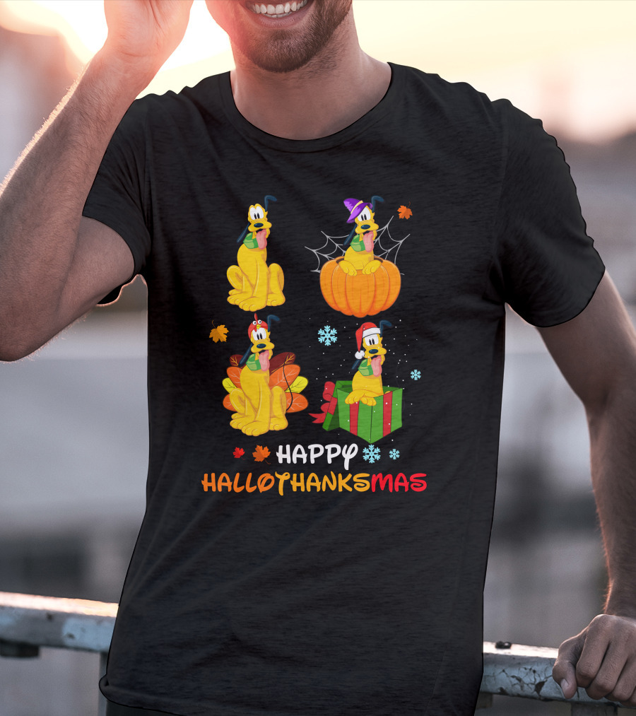 Happy HALLOTHANKSMAS Pluto In Halloween Pumpkin Thanksgiving Leaves Christmas Present Snowflakes T-Shirt