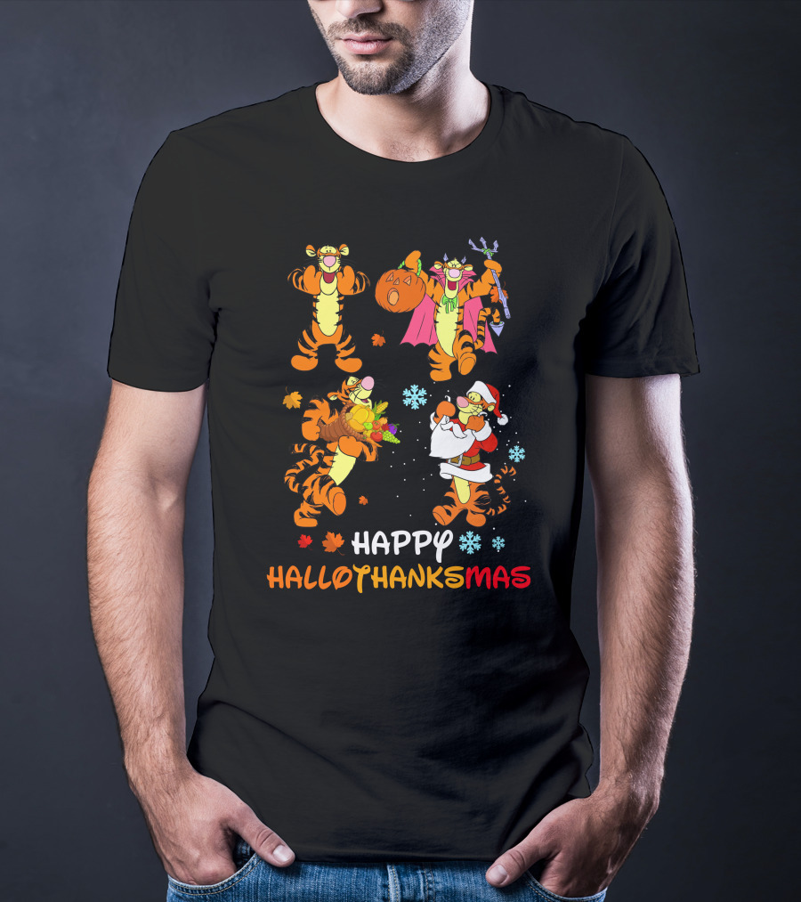 Happy HALLOTHANKSMAS Tigger Celebrating Halloween Thanksgiving Christmas T-Shirt