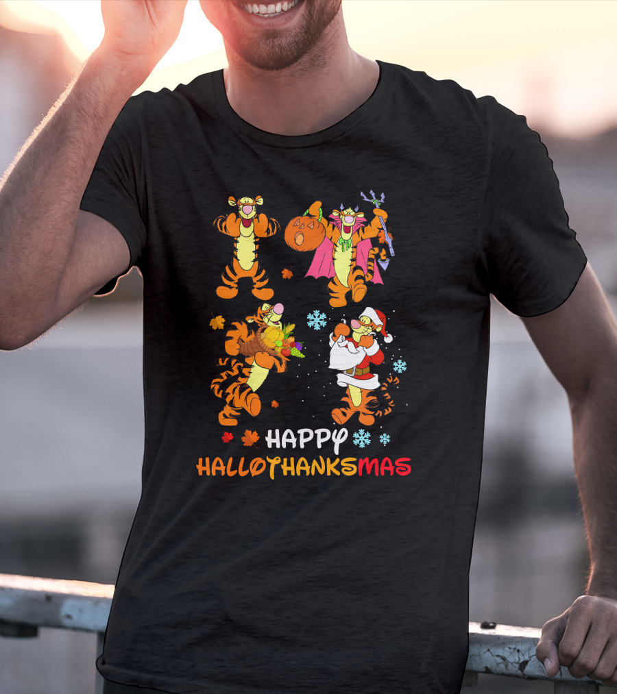 Happy HALLOTHANKSMAS Tigger Celebrating Halloween Thanksgiving Christmas T-Shirt