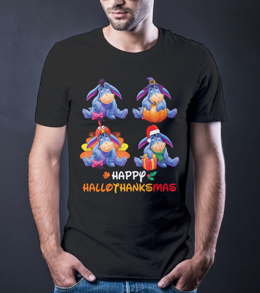 HAPPY HALLOTHANKSMAS Eeyore With Halloween Thanksgiving Christmas Themes T-Shirt