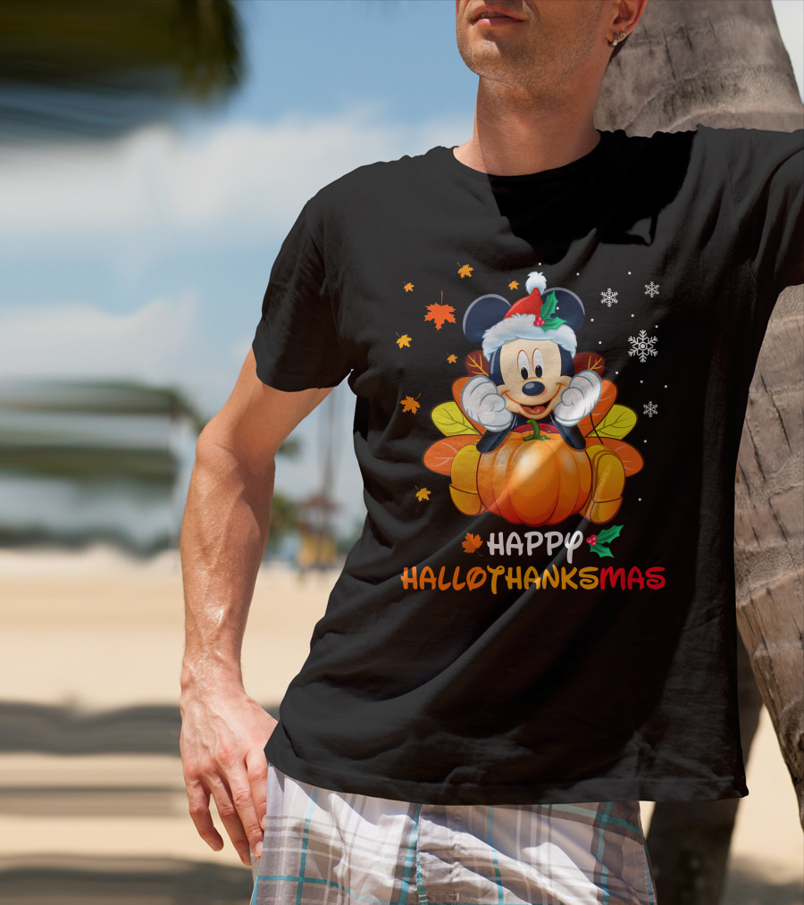 Happy HALLOTHANKSMAS Mickey Mouse Santa Pumpkin Leaves Snowflakes T-Shirt