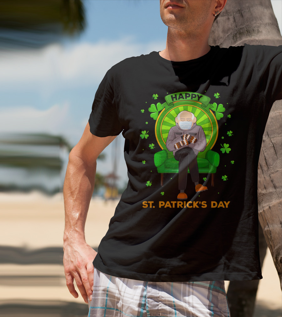 Happy St. Patrick's Day Masked Sitting Man With Mittens Surrounded By Clovers T-Shirt