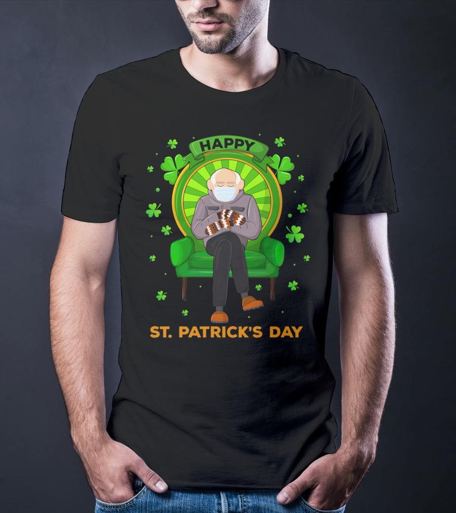 Happy St. Patrick's Day Masked Sitting Man With Mittens Surrounded By Clovers T-Shirt