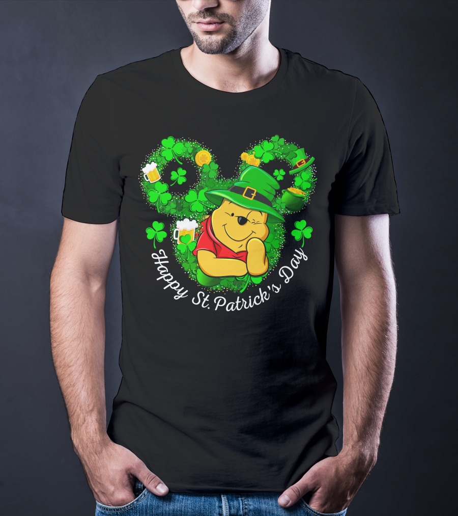 Happy St. Patrick's Day Pooh Shamrocks And Green Hat T-Shirt