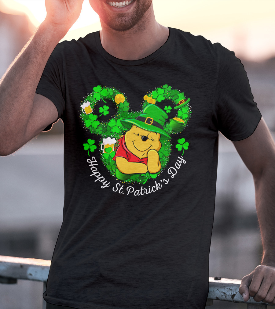 Happy St. Patrick's Day Pooh Shamrocks And Green Hat T-Shirt