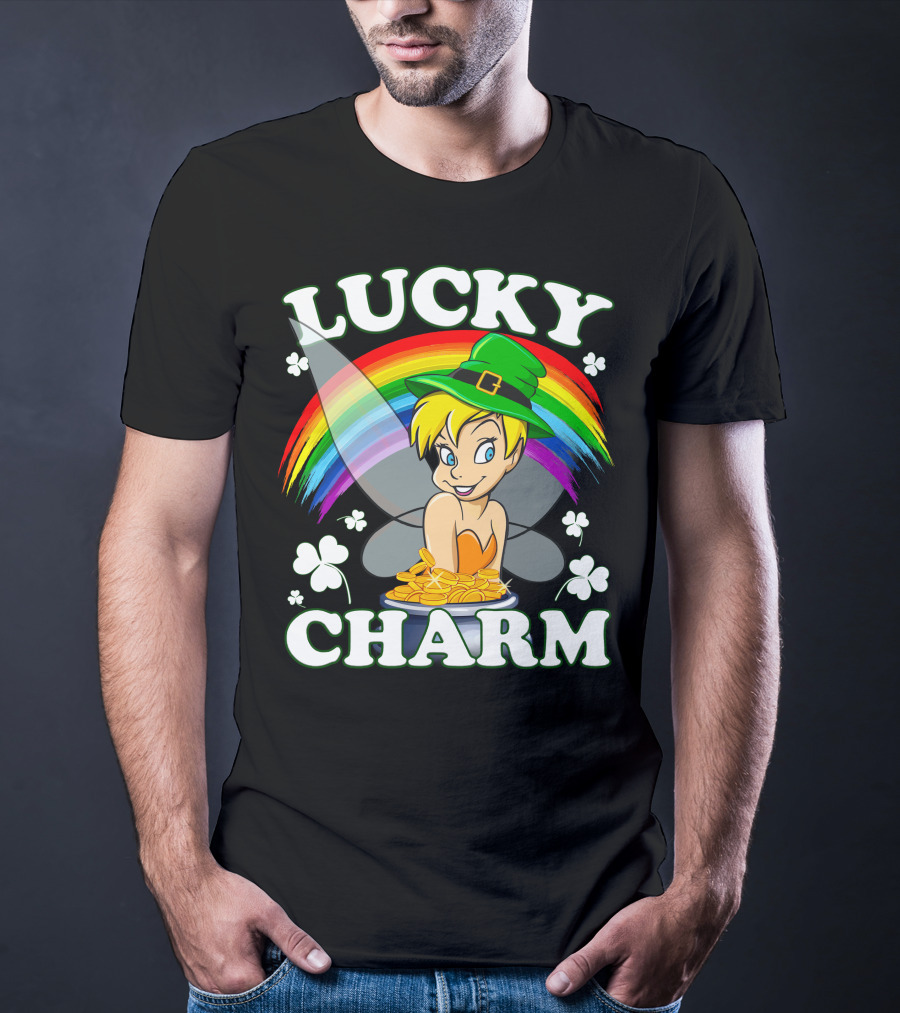 Lucky Charm Tinker Bell Rainbow And Shamrocks T-Shirt