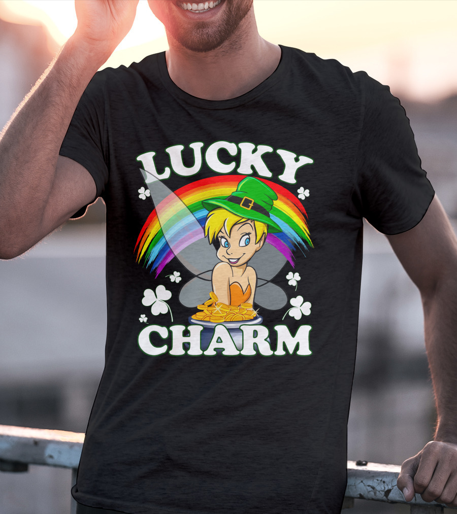 Lucky Charm Tinker Bell Rainbow And Shamrocks T-Shirt