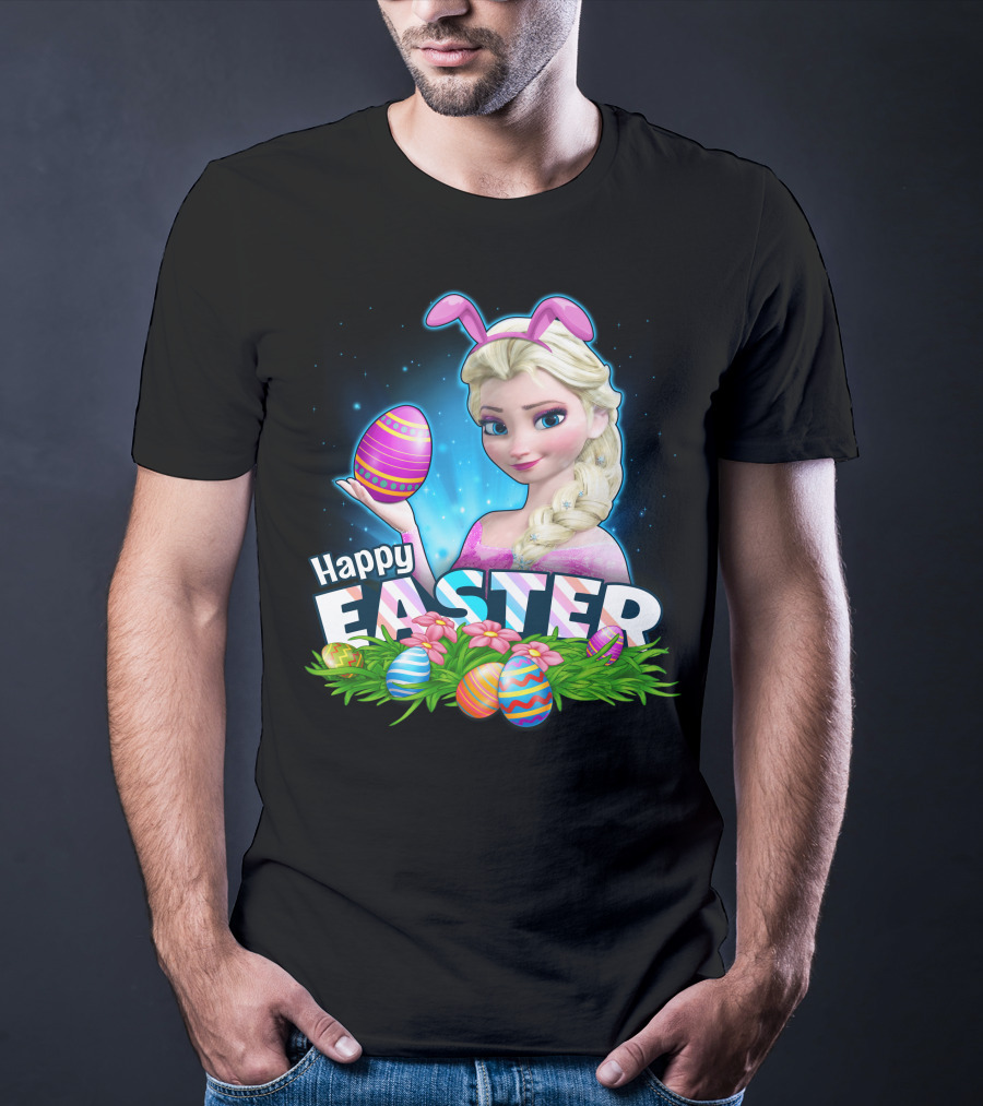 Elsa Happy Easter Bunny Ears And Colorful Eggs T-Shirt