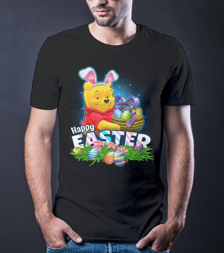 Pooh Happy Easter With Basket Of Eggs And Bunny Ears T-Shirt