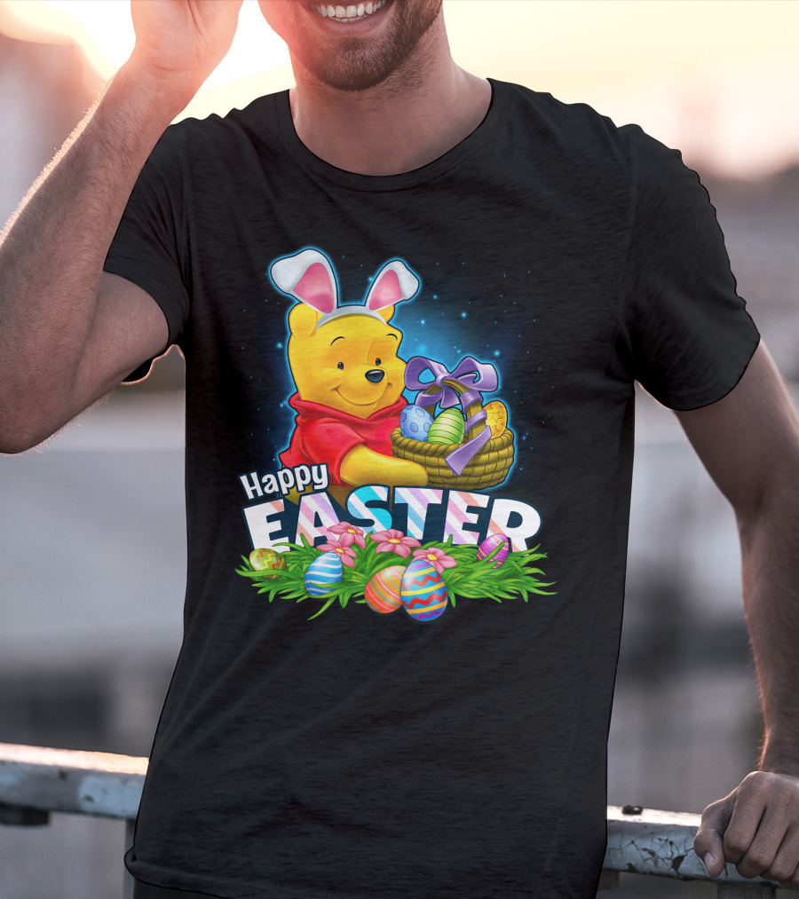 Pooh Happy Easter With Basket Of Eggs And Bunny Ears T-Shirt
