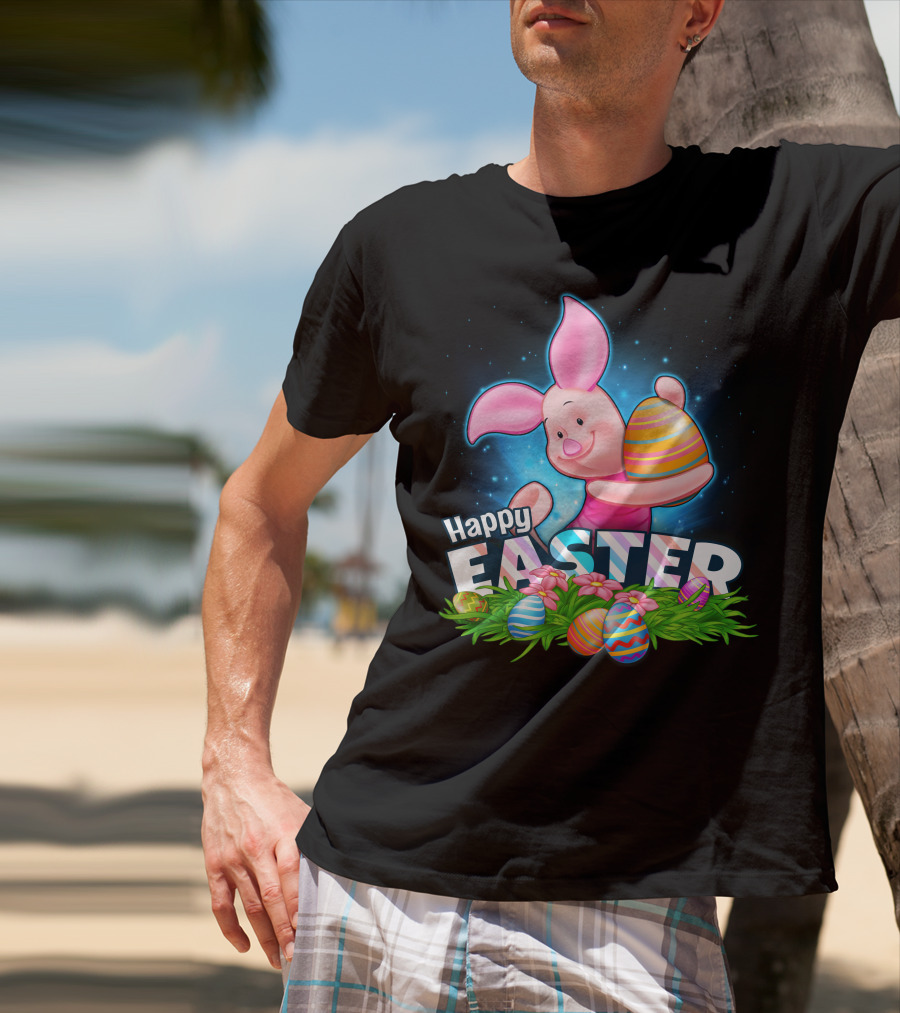 Piglet Happy Easter With Colorful Eggs And Flowers T-Shirt