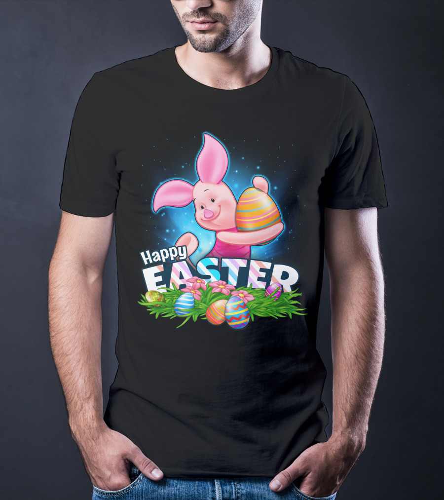 Piglet Happy Easter With Colorful Eggs And Flowers T-Shirt