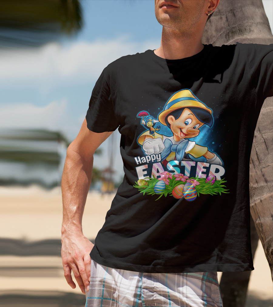 Pinocchio Happy Easter Colorful Eggs And Jiminy Cricket T-Shirt