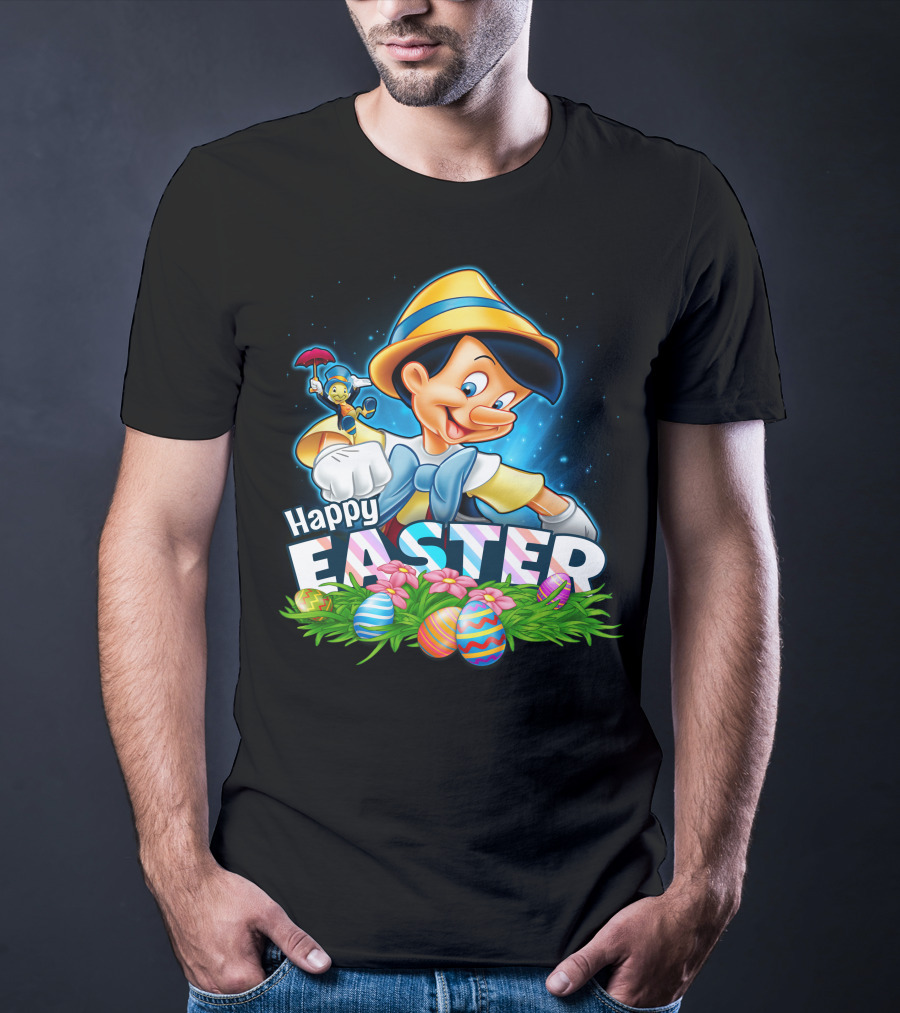 Pinocchio Happy Easter Colorful Eggs And Jiminy Cricket T-Shirt