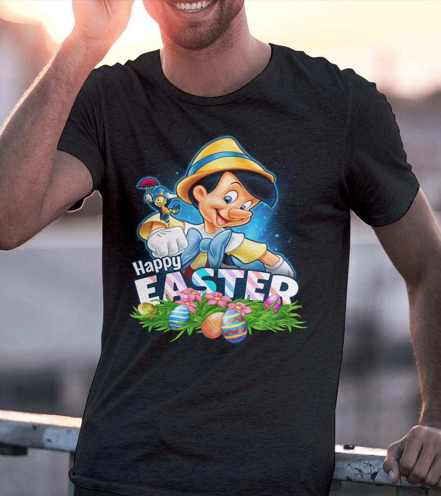 Pinocchio Happy Easter Colorful Eggs And Jiminy Cricket T-Shirt