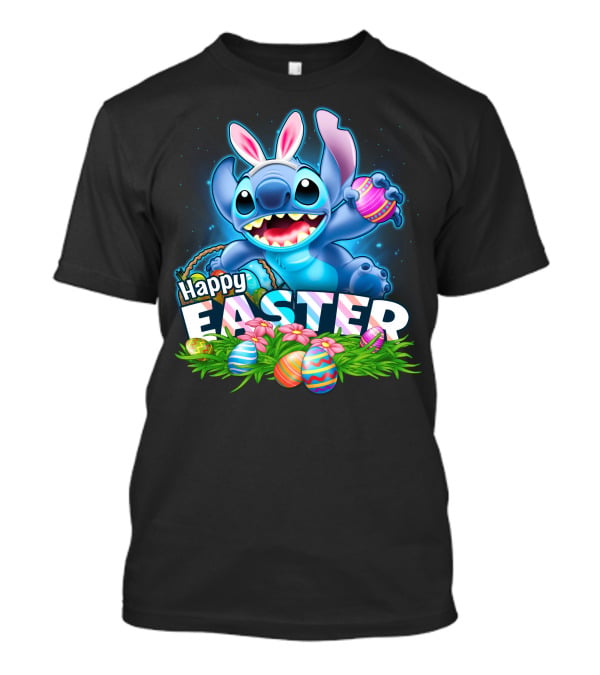 Stitch Happy Easter With Bunny Ears And Colorful Eggs T-Shirt