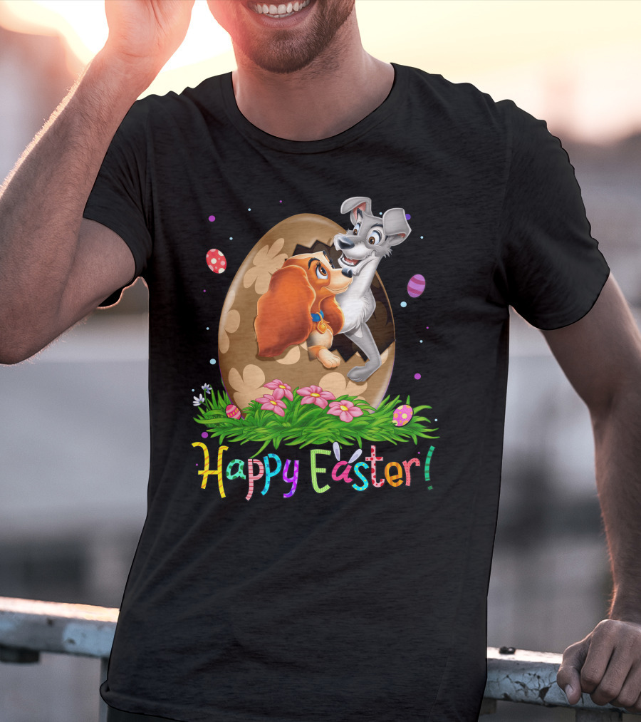 Lady And The Tramp Happy Easter Egg Scene With Colorful Flowers And Eggs T-Shirt