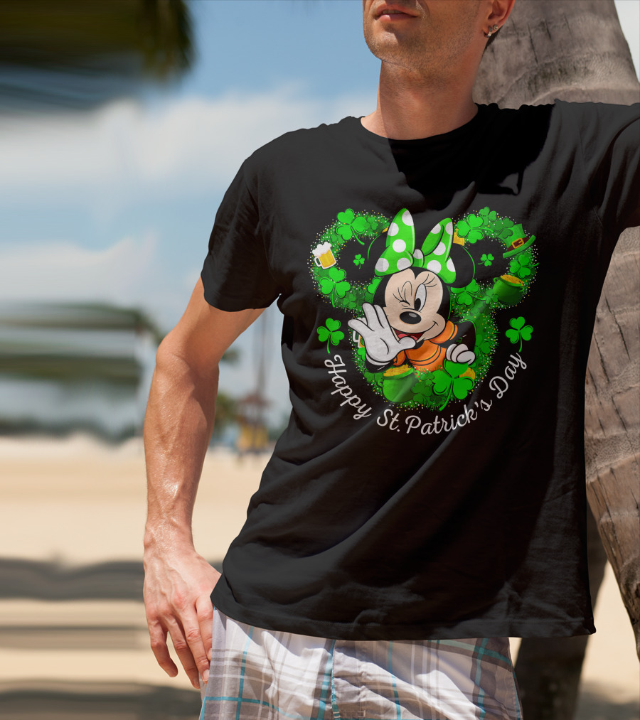 Minnie Mouse Happy St. Patrick's Day Shamrocks And Leprechaun Hat T-Shirt
