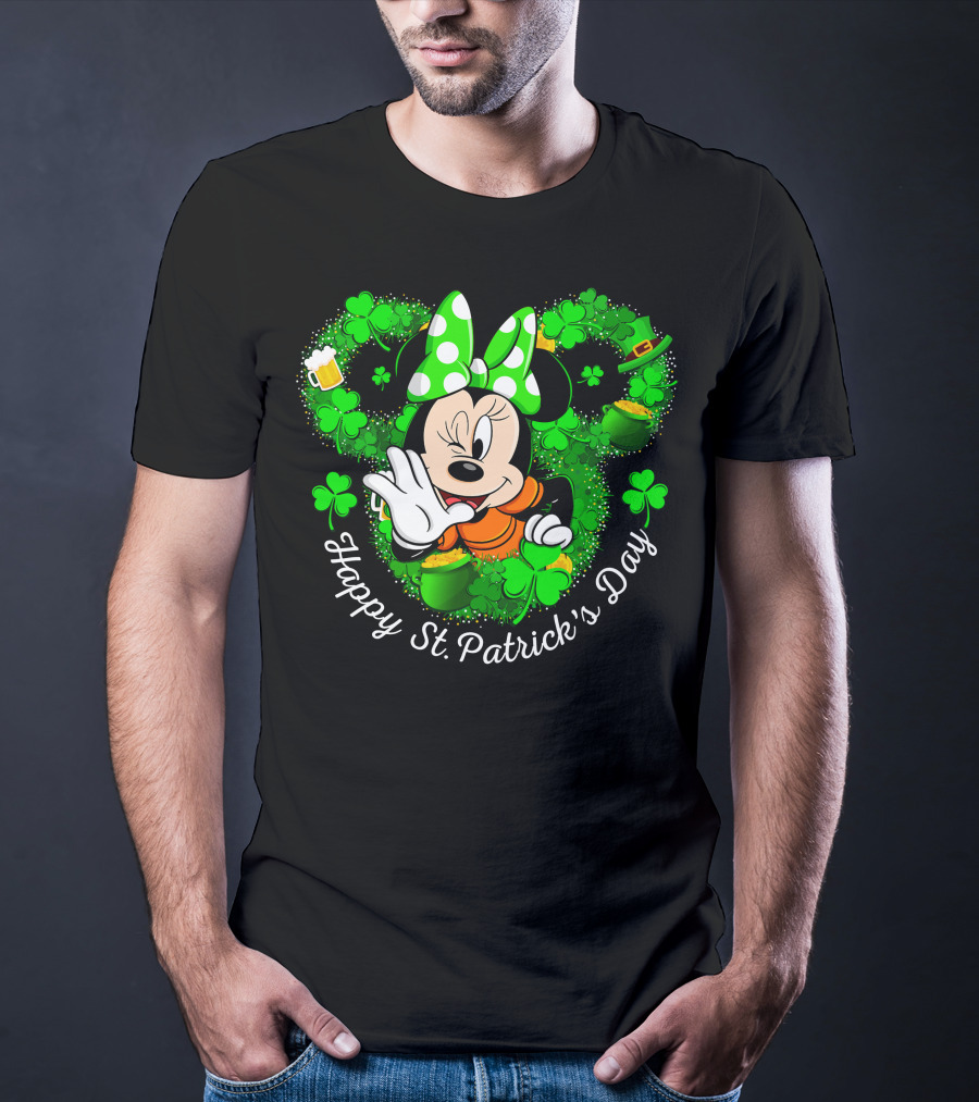 Minnie Mouse Happy St. Patrick's Day Shamrocks And Leprechaun Hat T-Shirt