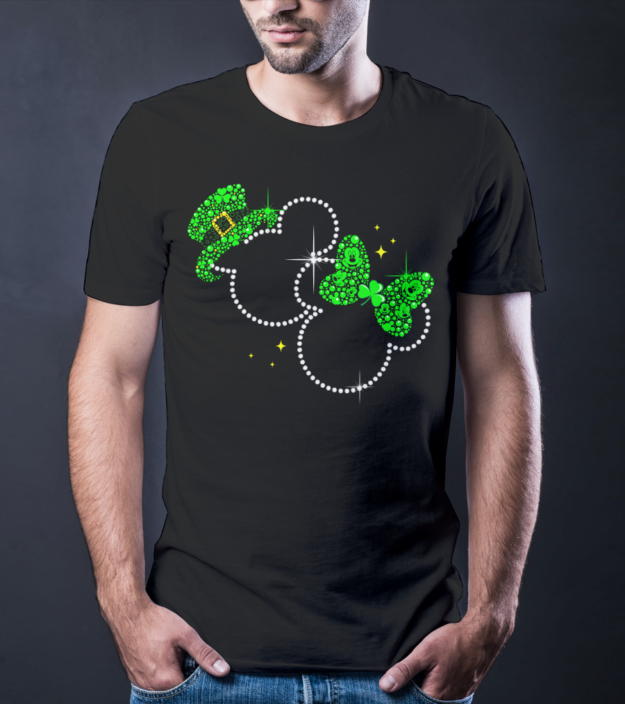 Mickey Minnie St. Patrick's Day Sparkling Green Hat And Bow T-Shirt