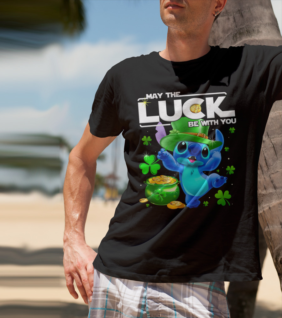 Stitch May The Luck Be With You Featuring Green Hat And Shamrocks T-Shirt