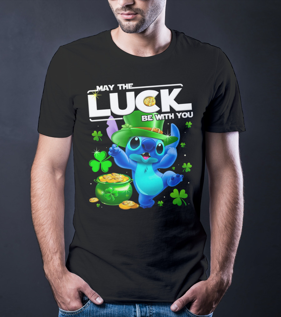 Stitch May The Luck Be With You Featuring Green Hat And Shamrocks T-Shirt