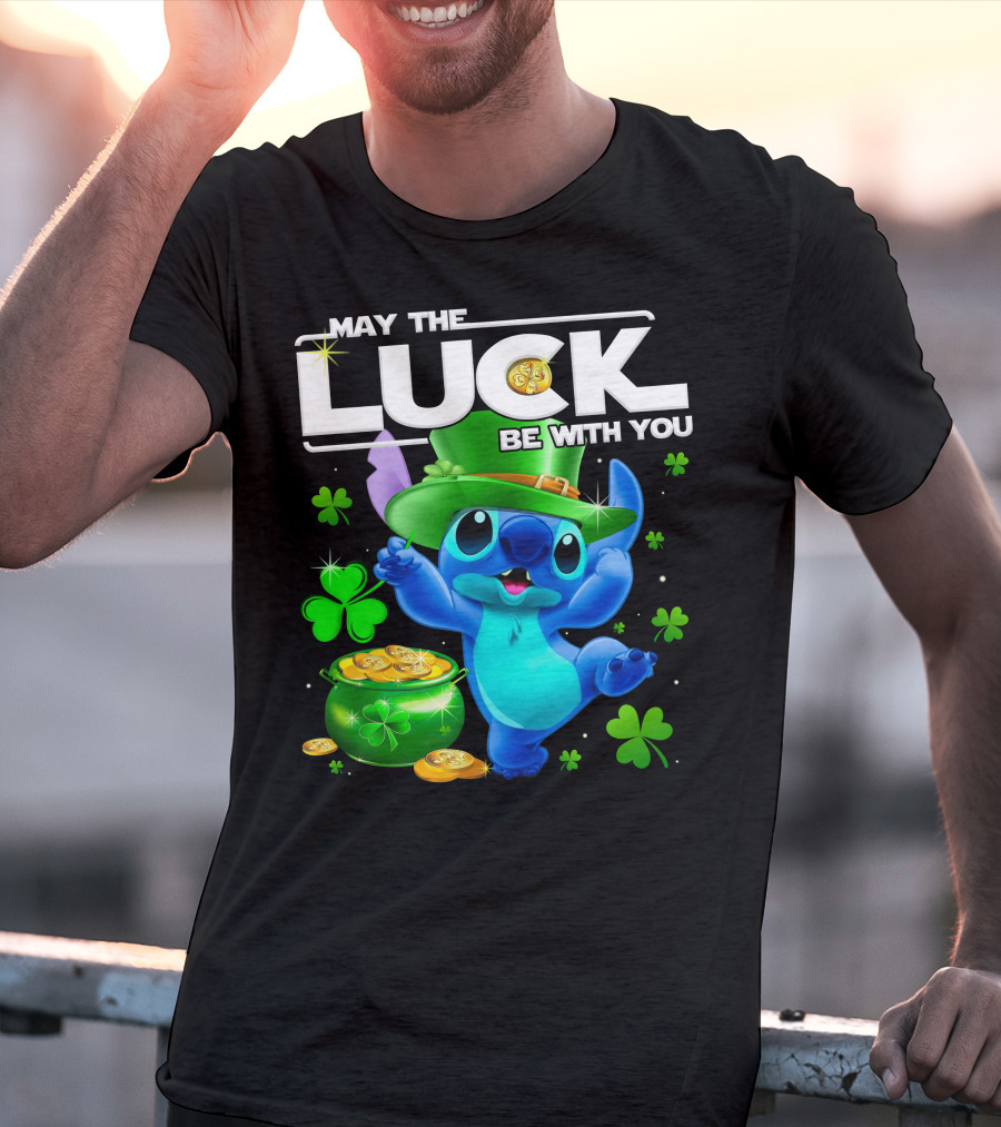 Stitch May The Luck Be With You Featuring Green Hat And Shamrocks T-Shirt