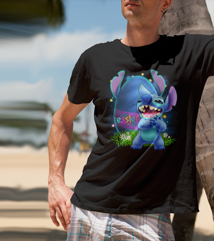 Happy Easter Day Stitch With Easter Egg And Flowers T-Shirt