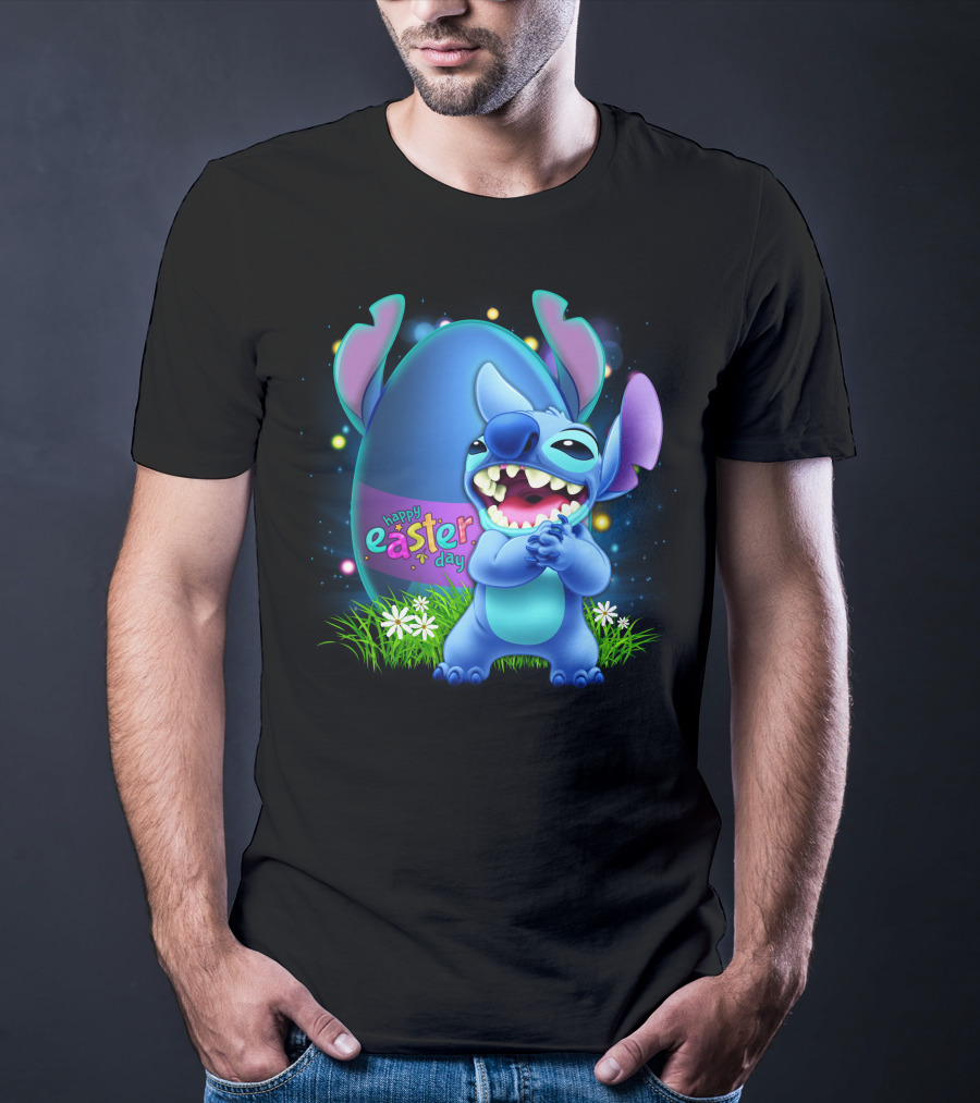 Happy Easter Day Stitch With Easter Egg And Flowers T-Shirt