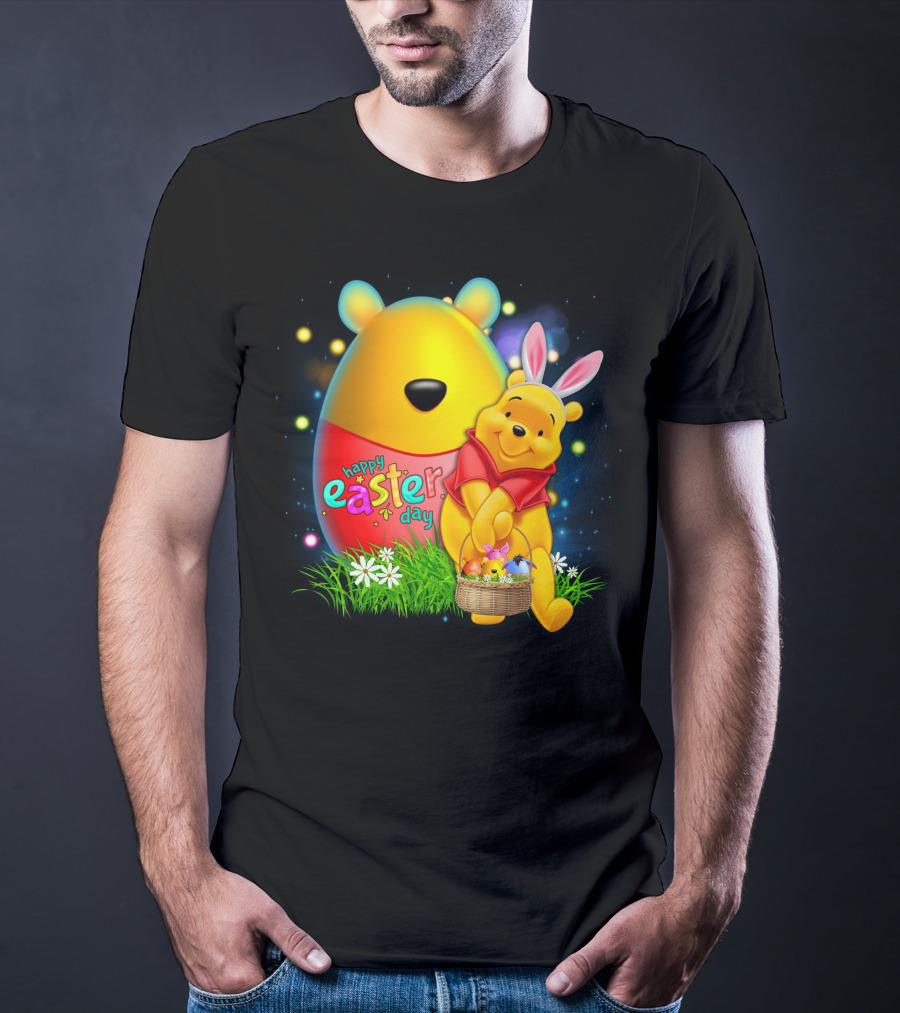 Happy Easter Day Pooh With Basket And Bunny Ears T-Shirt