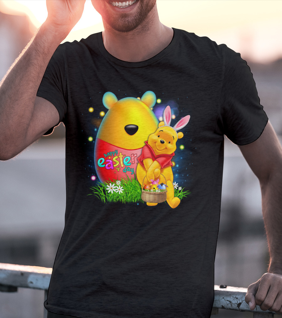 Happy Easter Day Pooh With Basket And Bunny Ears T-Shirt